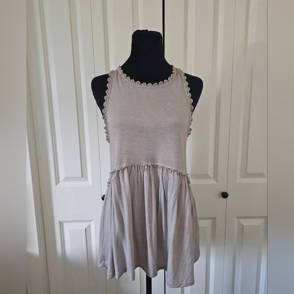 POL Womens Tan Ruffled Crocheted Sleeveless Tank Babydoll  Top sz S